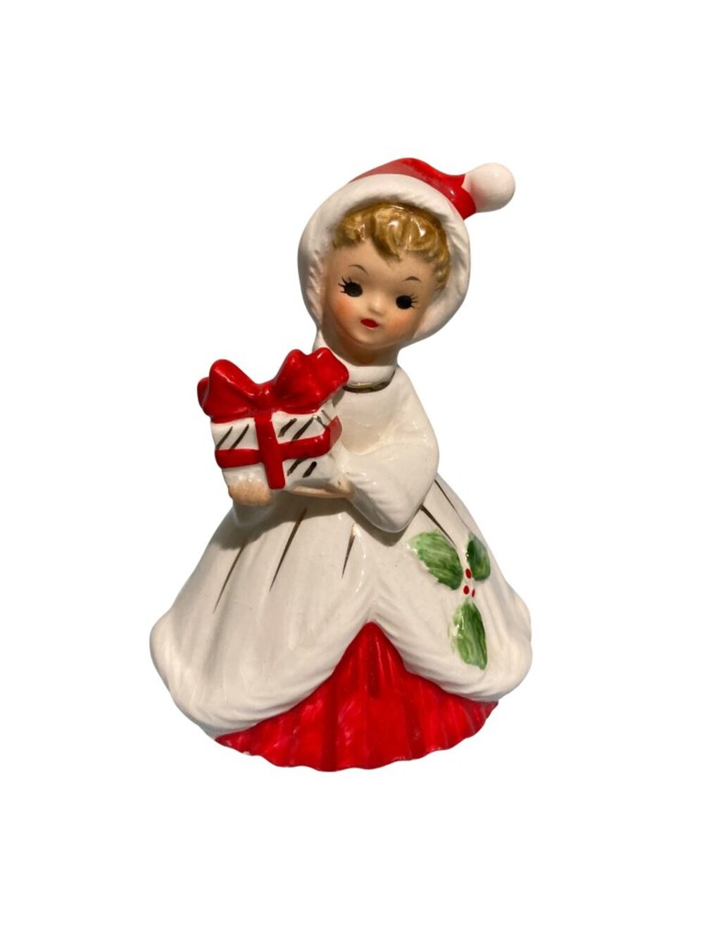 Vintage Josef Originals Christmas Girl With Present Gift Bell Figurine